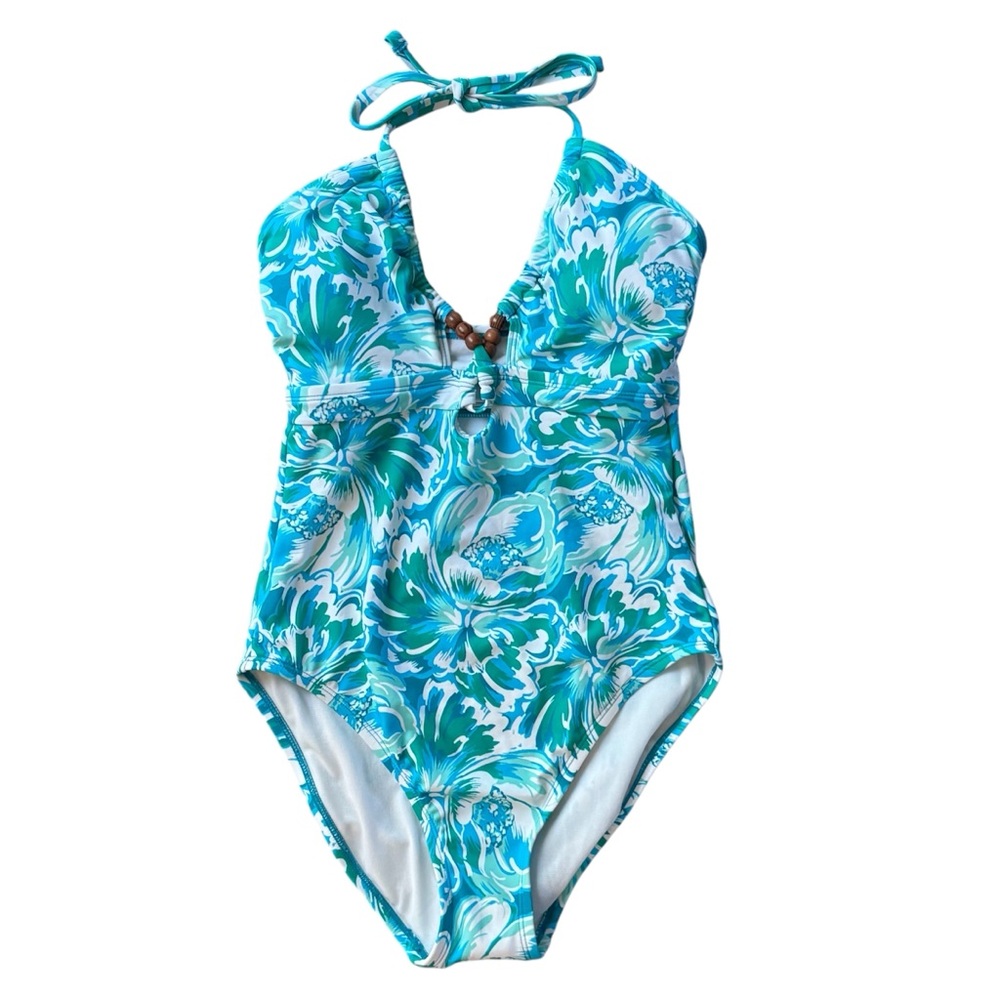 NWT Junior’s Blue & Green Floral 1 Piece Swimsuit Brown Beads, Coconut Girl